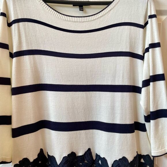 BLACK AND OFF WHITE LONG SLEEVE SWEATER WITH BLACK LACE BOTTOM BY LANE BRYANT - Picture 2 of 5